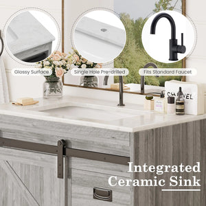 Farmhouse Bathroom Vanity with Ceramic Top and Sliding Barn Door Sink Cabinet, Rustic Single Sink Vanity