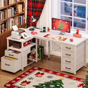 55 Inch Computer Desk with 5 Drawers and File Cabinet for Storage, Office Desk with Storage Shelf & Power Outlets, Home Office Desks, White