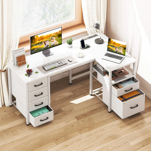 55 Inch Computer Desk with 5 Drawers and File Cabinet for Storage, Office Desk with Storage Shelf & Power Outlets, Home Office Desks, White