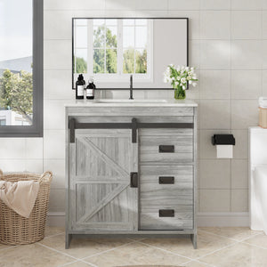 Farmhouse Bathroom Vanity with Ceramic Top and Sliding Barn Door Sink Cabinet, Rustic Single Sink Vanity