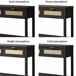 Console Table Set of 2 with 2 Rattan Drawers,Boho Wood Entryway Table Hallway Table Sofa Table with Open Storage Shelf for Living Room,Foyer and Corridor,Black Oak
