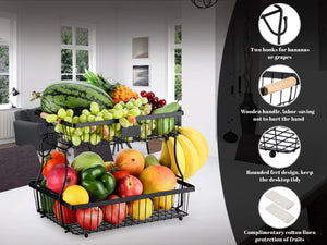 2 Tier Fruit Basket Organizer with Banana Hangers for Kitchen