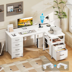55 Inch Computer Desk with 5 Drawers and File Cabinet for Storage, Office Desk with Storage Shelf & Power Outlets, Home Office Desks, White