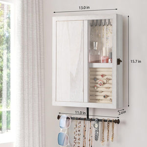 Wall Mounted Jewelry Organizer with Rustic Wood Large Space Jewelry Cabinet, Holder, Storage Box for Necklaces, Earrings, Bracelets, Ring Holder, and Accessories White