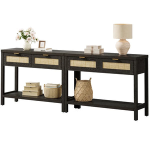 Console Table Set of 2 with 2 Rattan Drawers,Boho Wood Entryway Table Hallway Table Sofa Table with Open Storage Shelf for Living Room,Foyer and Corridor,Black Oak