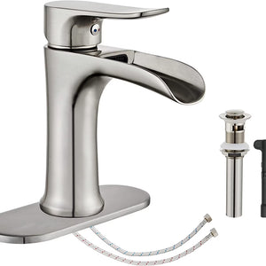 Brushed Nickel Bathroom Faucet,  Waterfall Bathroom Faucet Pop up Drain, Single Hole Bathroom Faucet, Single Handle Bathroom Sink Faucet, Bathroom Faucets Brushed Nickel, Vanity Sink Faucet
