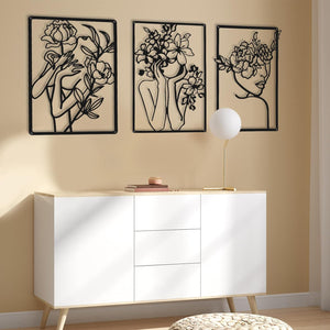 3 Pieces Metal Minimalist Abstract Woman Wall Art Line Drawing Wall Art Decor Single Line Female Home Hanging for Kitchen Bathroom Living Room