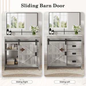 Farmhouse Bathroom Vanity with Ceramic Top and Sliding Barn Door Sink Cabinet, Rustic Single Sink Vanity