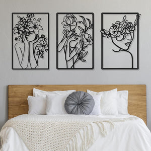 3 Pieces Metal Minimalist Abstract Woman Wall Art Line Drawing Wall Art Decor Single Line Female Home Hanging for Kitchen Bathroom Living Room