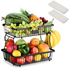 2 Tier Fruit Basket Organizer with Banana Hangers for Kitchen