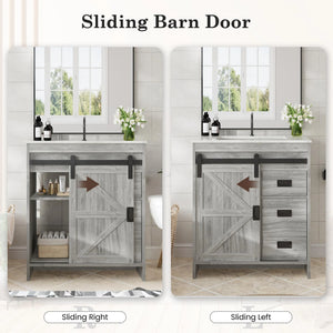 Farmhouse Bathroom Vanity with Ceramic Top and Sliding Barn Door Sink Cabinet, Rustic Single Sink Vanity