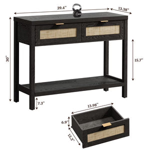 Console Table Set of 2 with 2 Rattan Drawers,Boho Wood Entryway Table Hallway Table Sofa Table with Open Storage Shelf for Living Room,Foyer and Corridor,Black Oak