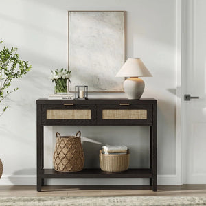 Console Table Set of 2 with 2 Rattan Drawers,Boho Wood Entryway Table Hallway Table Sofa Table with Open Storage Shelf for Living Room,Foyer and Corridor,Black Oak