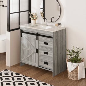 Farmhouse Bathroom Vanity with Ceramic Top and Sliding Barn Door Sink Cabinet, Rustic Single Sink Vanity