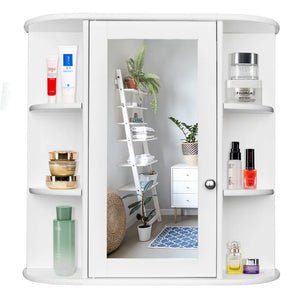 Wooden Bathroom Medicine Cabinet with Mirror Door & 8 Shelves, Wall Mounted Storage Organizer, White