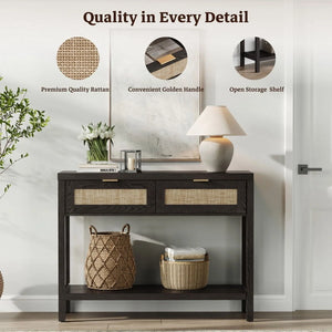 Console Table Set of 2 with 2 Rattan Drawers,Boho Wood Entryway Table Hallway Table Sofa Table with Open Storage Shelf for Living Room,Foyer and Corridor,Black Oak
