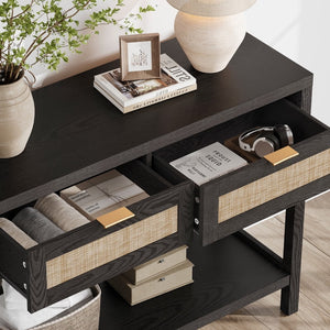 Console Table Set of 2 with 2 Rattan Drawers,Boho Wood Entryway Table Hallway Table Sofa Table with Open Storage Shelf for Living Room,Foyer and Corridor,Black Oak