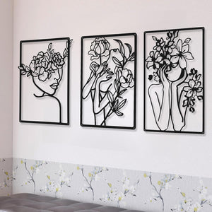 3 Pieces Metal Minimalist Abstract Woman Wall Art Line Drawing Wall Art Decor Single Line Female Home Hanging for Kitchen Bathroom Living Room