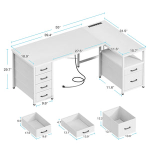 55 Inch Computer Desk with 5 Drawers and File Cabinet for Storage, Office Desk with Storage Shelf & Power Outlets, Home Office Desks, White