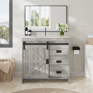 Farmhouse Bathroom Vanity with Ceramic Top and Sliding Barn Door Sink Cabinet, Rustic Single Sink Vanity