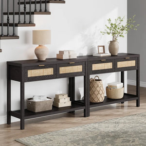 Console Table Set of 2 with 2 Rattan Drawers,Boho Wood Entryway Table Hallway Table Sofa Table with Open Storage Shelf for Living Room,Foyer and Corridor,Black Oak