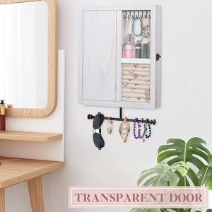 Wall Mounted Jewelry Organizer with Rustic Wood Large Space Jewelry Cabinet, Holder, Storage Box for Necklaces, Earrings, Bracelets, Ring Holder, and Accessories White