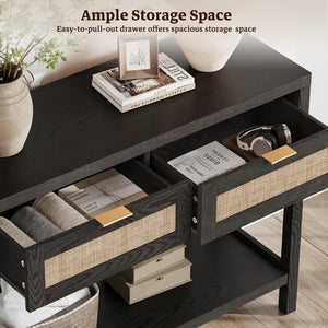 Console Table Set of 2 with 2 Rattan Drawers,Boho Wood Entryway Table Hallway Table Sofa Table with Open Storage Shelf for Living Room,Foyer and Corridor,Black Oak