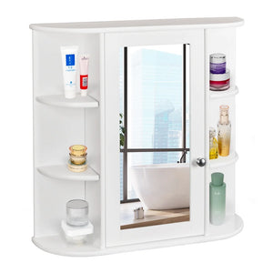 Wooden Bathroom Medicine Cabinet with Mirror Door & 8 Shelves, Wall Mounted Storage Organizer, White