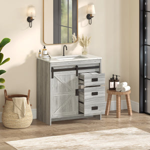 Farmhouse Bathroom Vanity with Ceramic Top and Sliding Barn Door Sink Cabinet, Rustic Single Sink Vanity